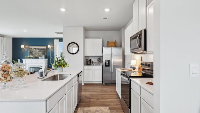 kitchen featuring dark wood-type flooring, a fireplace, a sink, white cabinets, and appliances with stainless steel finishes