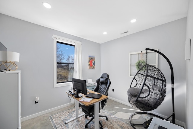 office with recessed lighting, visible vents, and baseboards