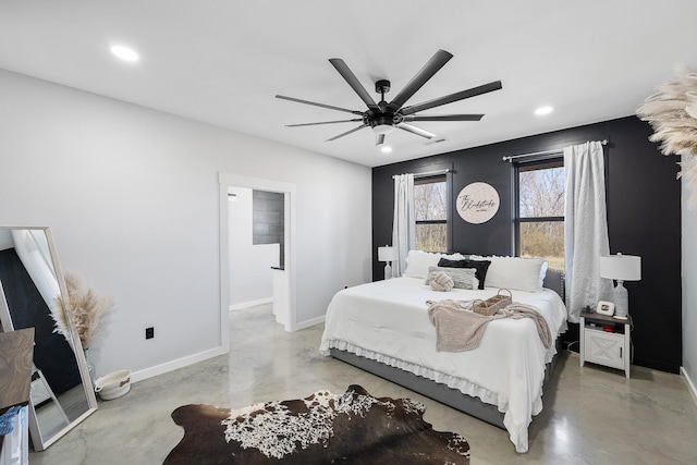 bedroom with ceiling fan, baseboards, concrete flooring, and recessed lighting