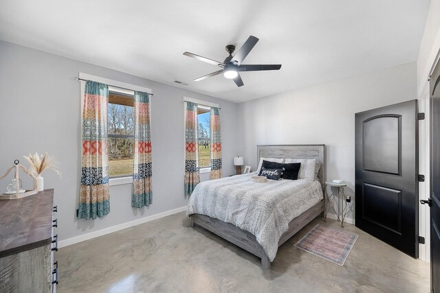 bedroom with finished concrete flooring, baseboards, visible vents, and ceiling fan