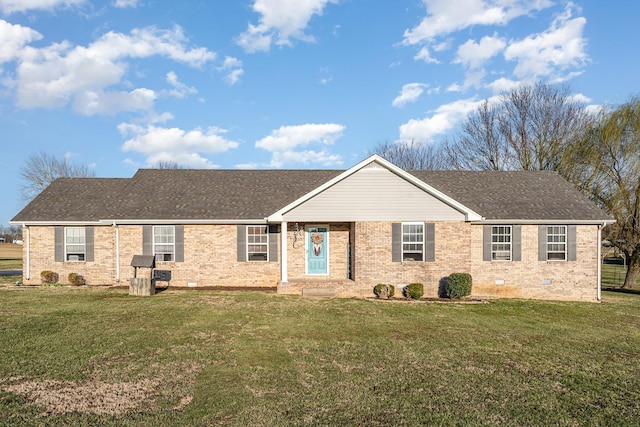 single story home featuring crawl space, brick siding, a front lawn, and a shingled roof