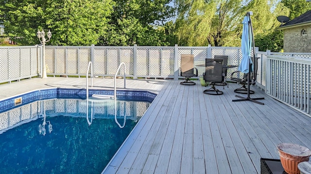 view of pool with a wooden deck and a fenced in pool