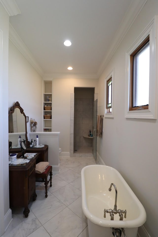 bathroom featuring a freestanding bath, vanity, a walk in shower, and ornamental molding