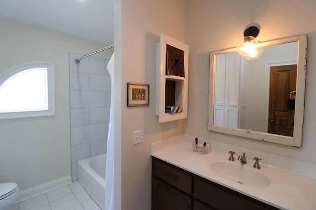 bathroom featuring vanity, baseboards, toilet, marble finish floor, and shower / tub combo with curtain