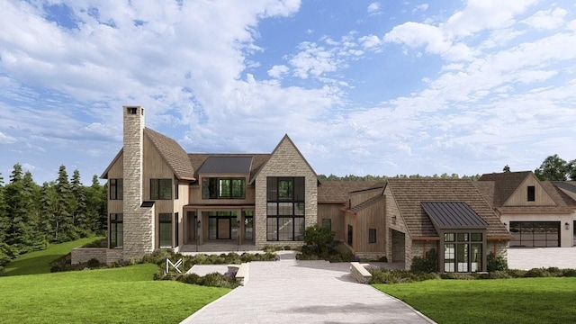 exterior space with stone siding, a front yard, a chimney, and a standing seam roof