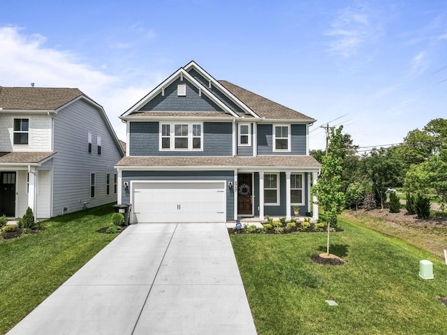 view of front of property featuring driveway, a shingled roof, a garage, and a front yard