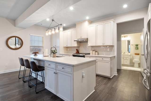 kitchen with decorative backsplash, appliances with stainless steel finishes, light countertops, under cabinet range hood, and a sink