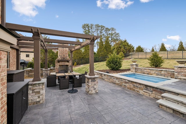 view of patio with a hot tub, a fenced backyard, exterior fireplace, and a pergola