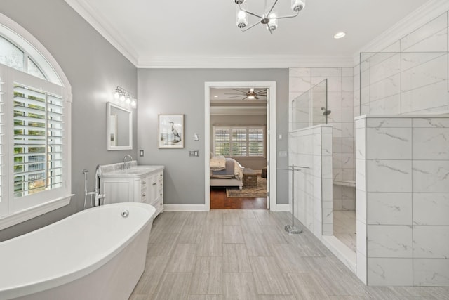 bathroom with walk in shower, a soaking tub, ensuite bath, and crown molding