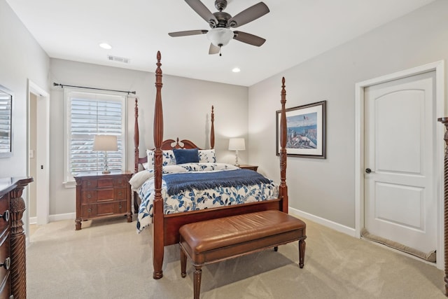 bedroom with light carpet, baseboards, visible vents, and recessed lighting