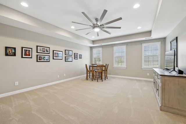 dining space featuring visible vents, baseboards, light colored carpet, ceiling fan, and recessed lighting