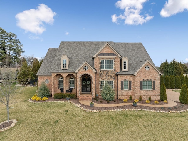 view of front of home with roof with shingles, brick siding, and a front lawn