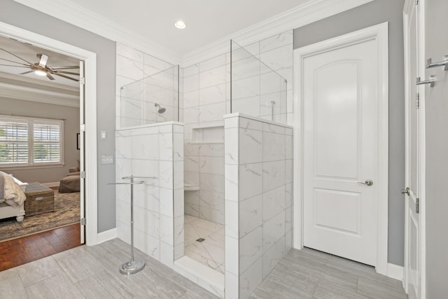 full bathroom with a walk in shower, baseboards, ensuite bath, and crown molding