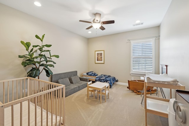 bedroom with recessed lighting, carpet, visible vents, and baseboards