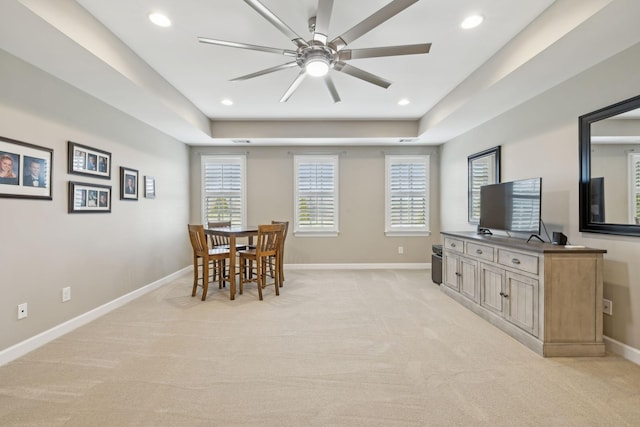 dining space with baseboards, recessed lighting, a ceiling fan, and light colored carpet