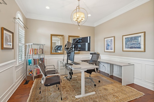 office featuring ornamental molding, wood finished floors, visible vents, and an inviting chandelier