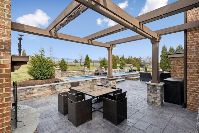 view of patio featuring a pergola, an outdoor pool, a fenced backyard, and a hot tub