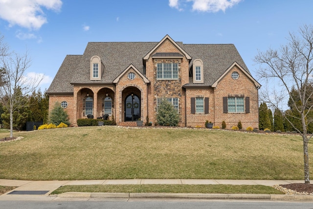 view of front of home with brick siding, a front lawn, and a shingled roof