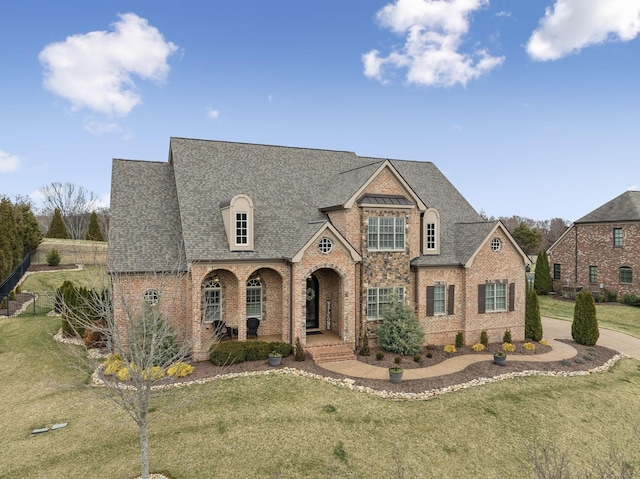 french country inspired facade with a shingled roof, brick siding, a porch, and a front lawn