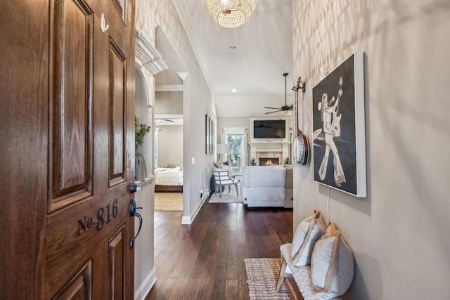 foyer featuring dark wood-style floors, baseboards, ceiling fan, a lit fireplace, and crown molding