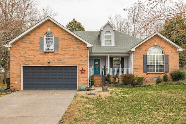 view of front facade featuring a porch, an attached garage, a shingled roof, concrete driveway, and a front yard