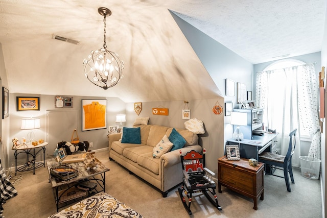 carpeted living area with lofted ceiling, a textured ceiling, a notable chandelier, visible vents, and baseboards