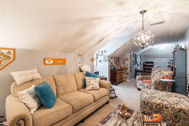 carpeted living area featuring baseboards, visible vents, lofted ceiling, a textured ceiling, and a chandelier