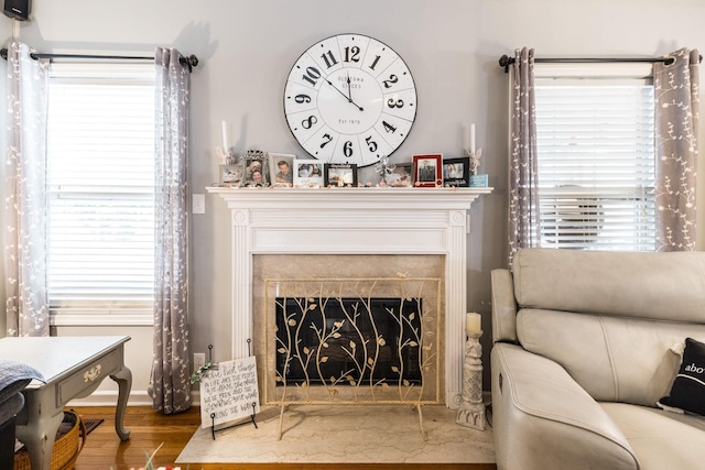 living room featuring a fireplace, baseboards, and wood finished floors