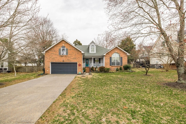 view of front of home featuring an attached garage, covered porch, brick siding, driveway, and a front yard