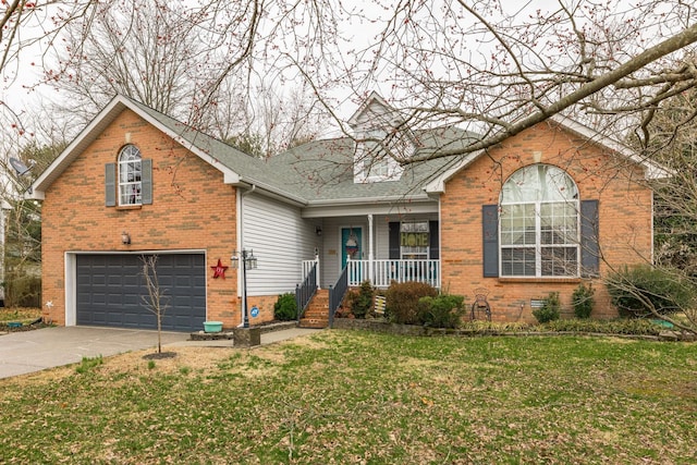 view of front of property featuring covered porch, a garage, brick siding, driveway, and a front lawn