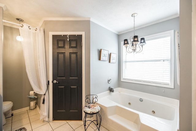 full bathroom with toilet, an inviting chandelier, ornamental molding, a whirlpool tub, and tile patterned floors