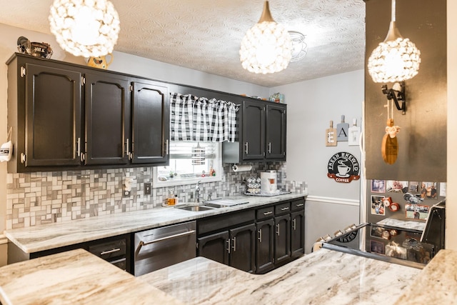 kitchen with electric stove, dishwasher, backsplash, an inviting chandelier, and a sink