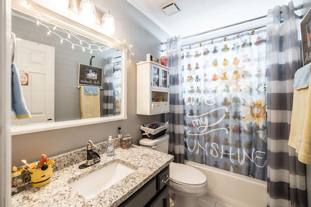 bathroom with toilet, shower / bathtub combination with curtain, visible vents, and vanity