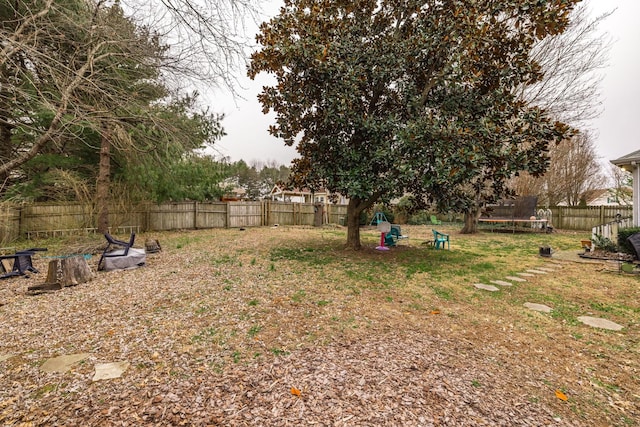 view of yard with a trampoline and a fenced backyard