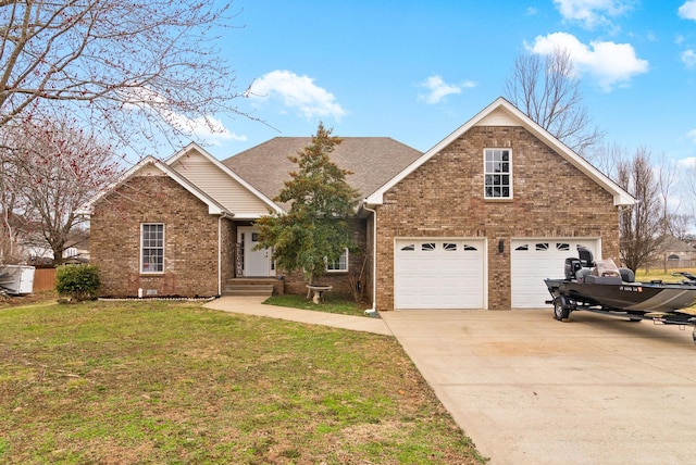 traditional home with a garage, driveway, brick siding, and a front lawn