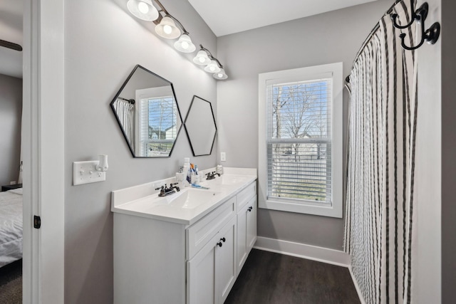 bathroom with a sink, baseboards, wood finished floors, and double vanity