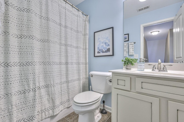 full bathroom featuring vanity, a shower with curtain, visible vents, tile patterned flooring, and toilet