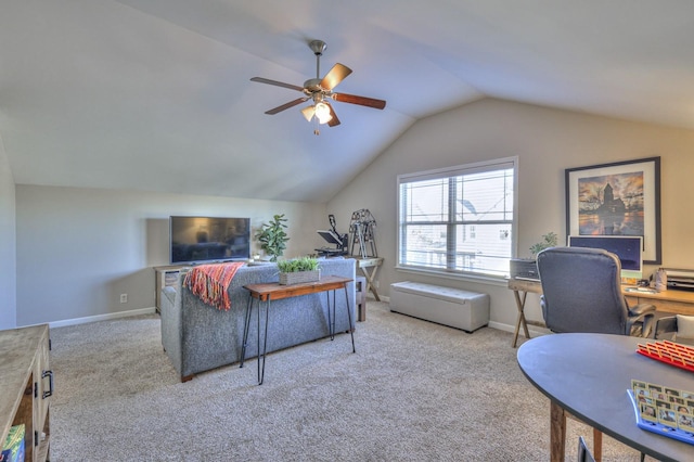 carpeted living area with lofted ceiling, baseboards, and ceiling fan
