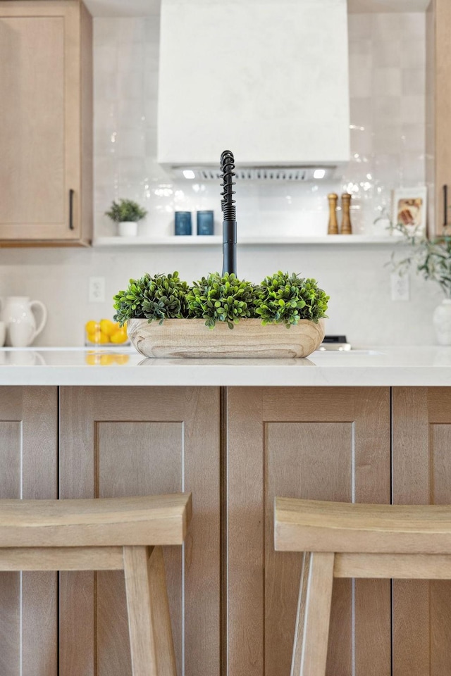 room details featuring light brown cabinets, light countertops, and a sink