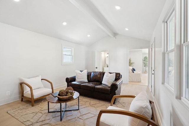 living room with recessed lighting, baseboards, vaulted ceiling with beams, and light wood finished floors