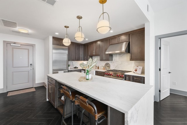 kitchen featuring under cabinet range hood, visible vents, dark brown cabinets, decorative backsplash, and high end appliances