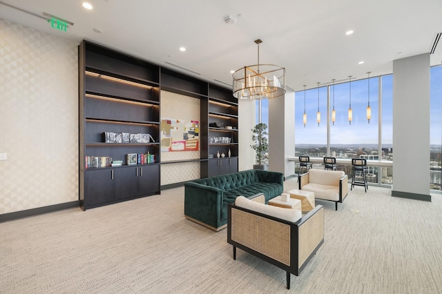 living room featuring wallpapered walls, baseboards, carpet floors, floor to ceiling windows, and recessed lighting