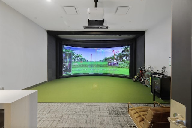 recreation room with golf simulator and carpet