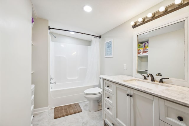 bathroom featuring toilet, tile patterned flooring, shower / bath combo with shower curtain, and vanity