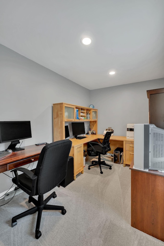 carpeted office featuring recessed lighting