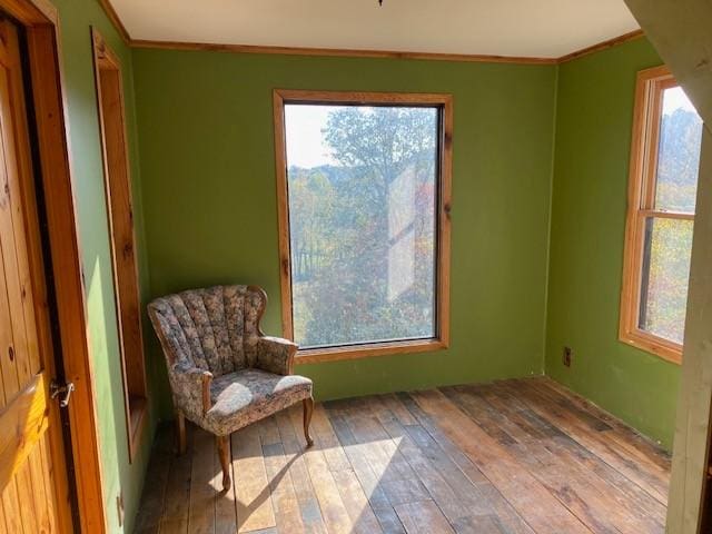 sitting room with hardwood / wood-style floors and crown molding