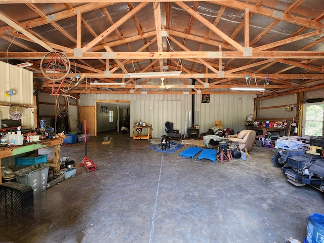 garage with a workshop area