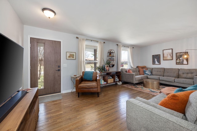 living room with baseboards and wood finished floors