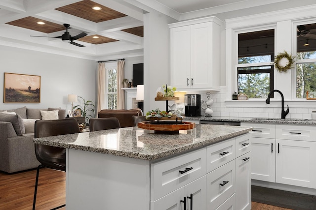 8858 Silver Maple Dr, Ooltewah, TN 37363 - kitchen featuring open floor plan, a sink, dark wood finished floors, and decorative backsplash