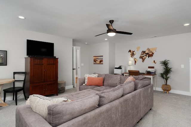 8858 Silver Maple Dr, Ooltewah, TN 37363 - living room featuring baseboards, ceiling fan, recessed lighting, and light colored carpet